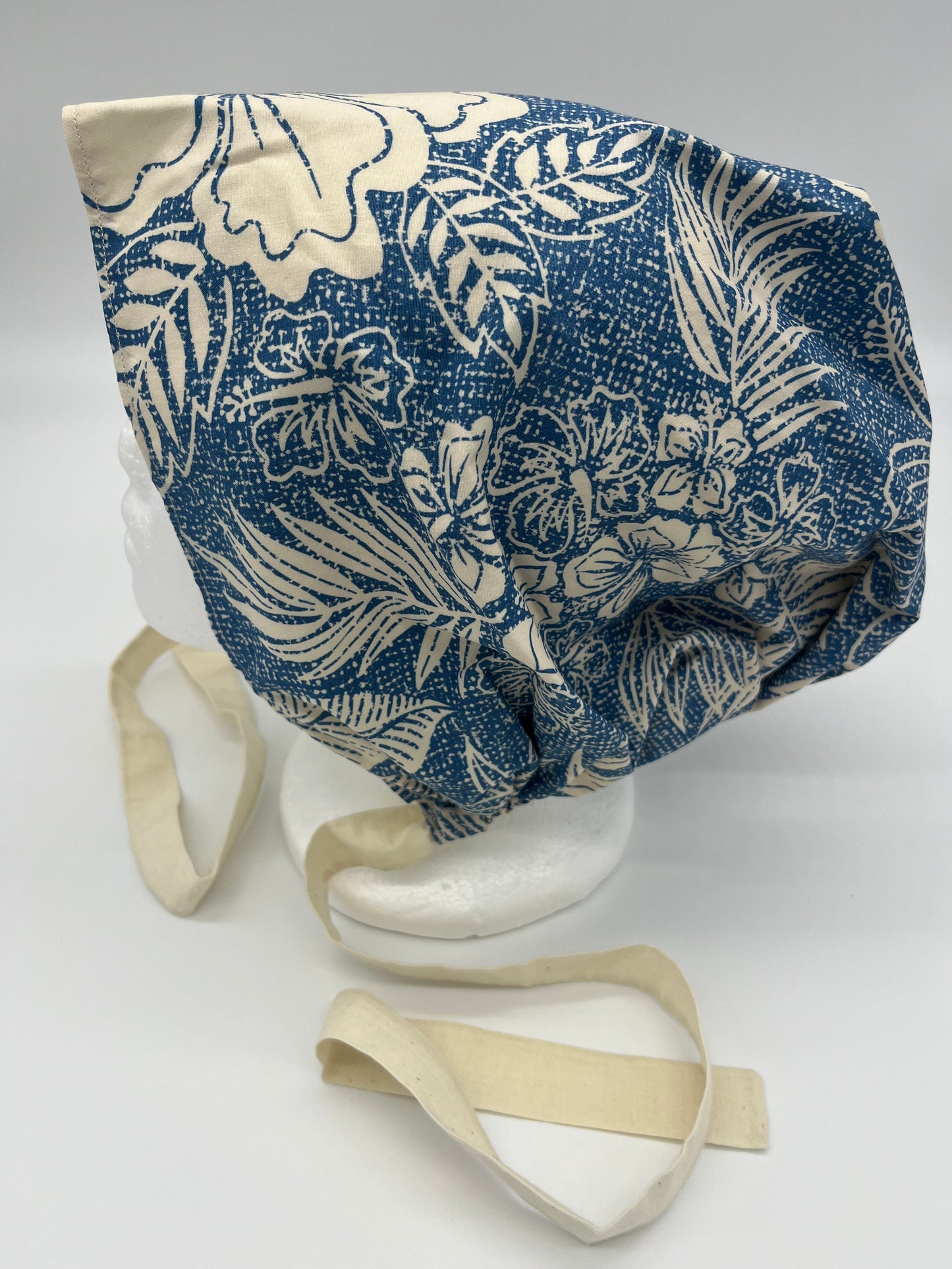 Cap (White Hawaiian Floral & Blue with White Ties)