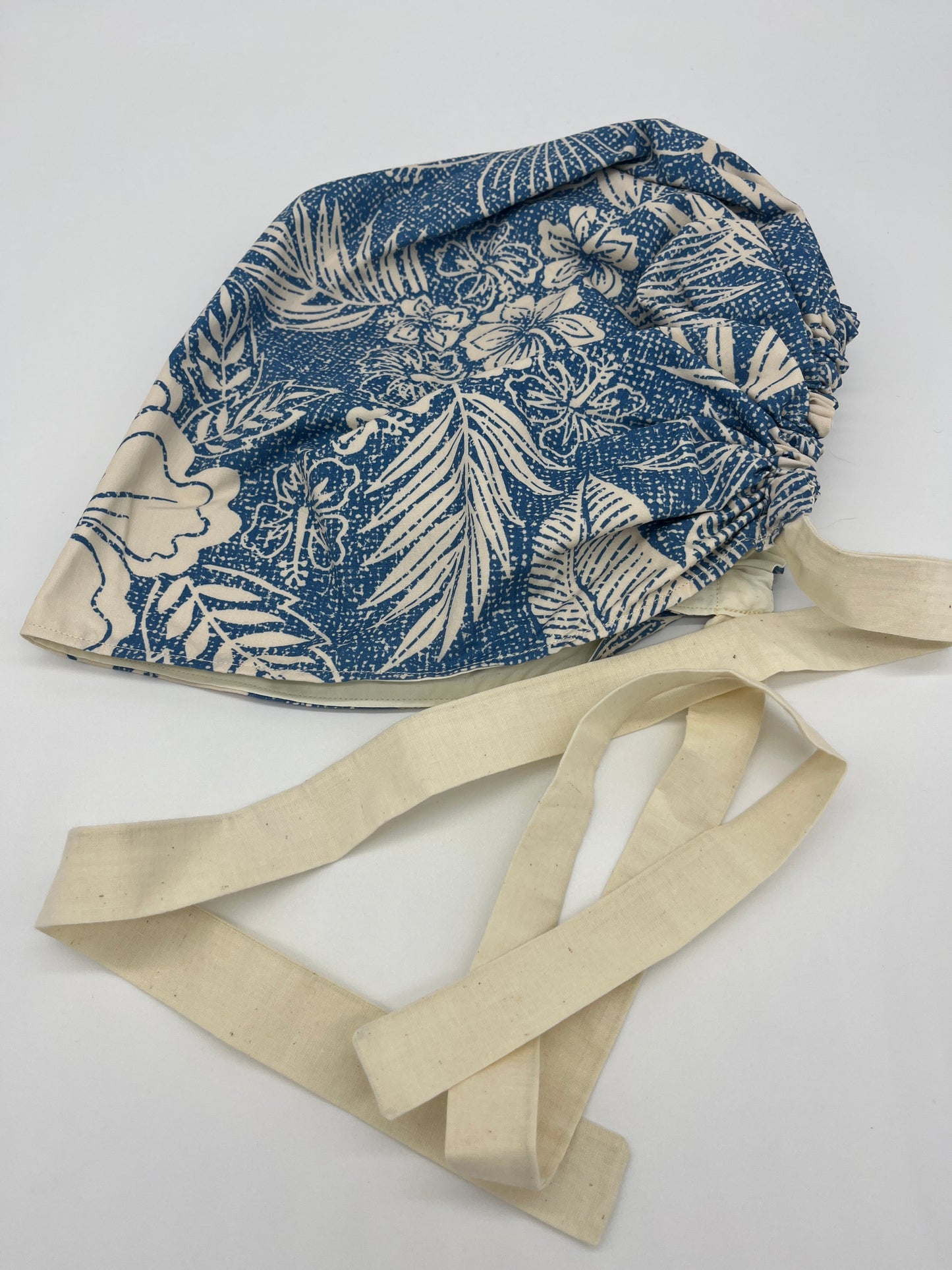Cap (White Hawaiian Floral & Blue with White Ties)