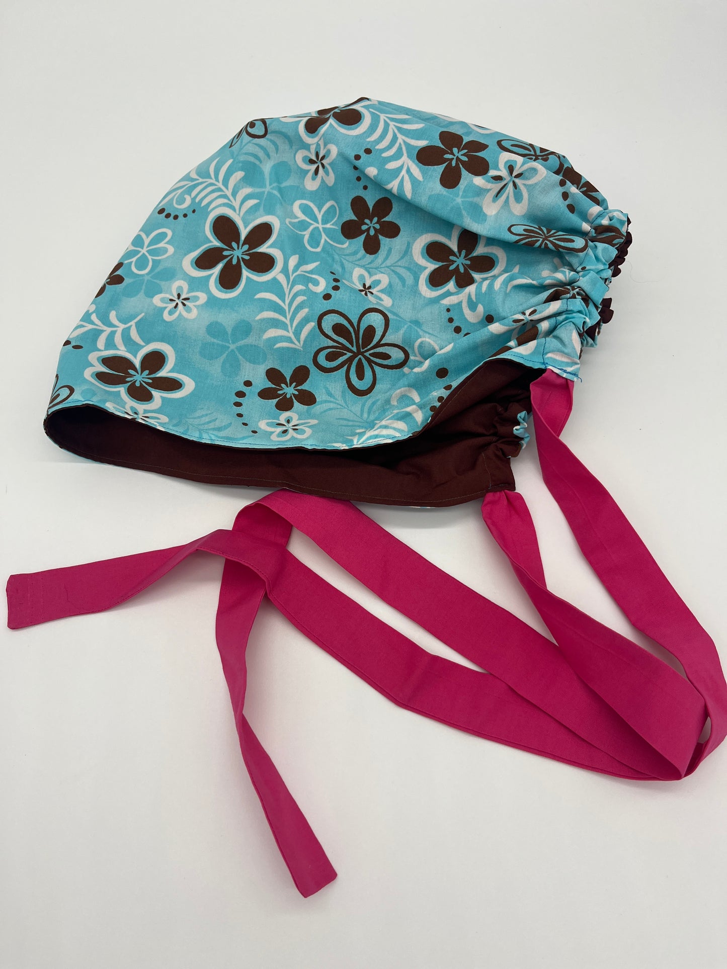 Cap (Blue and Brown Hawaiian Floral with Pink Ties)