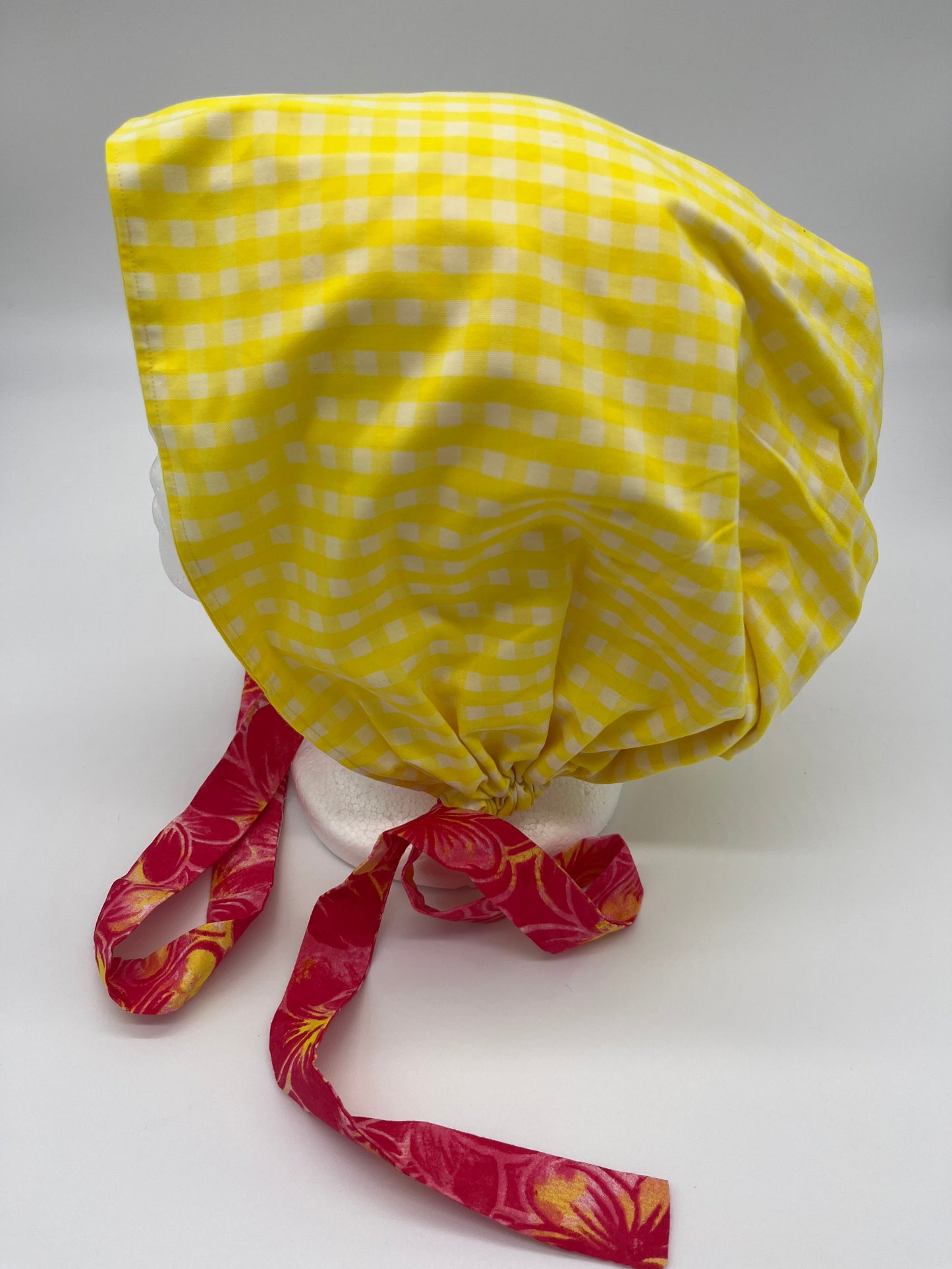 Cap (Yellow Gingham with Pink Floral Ties)