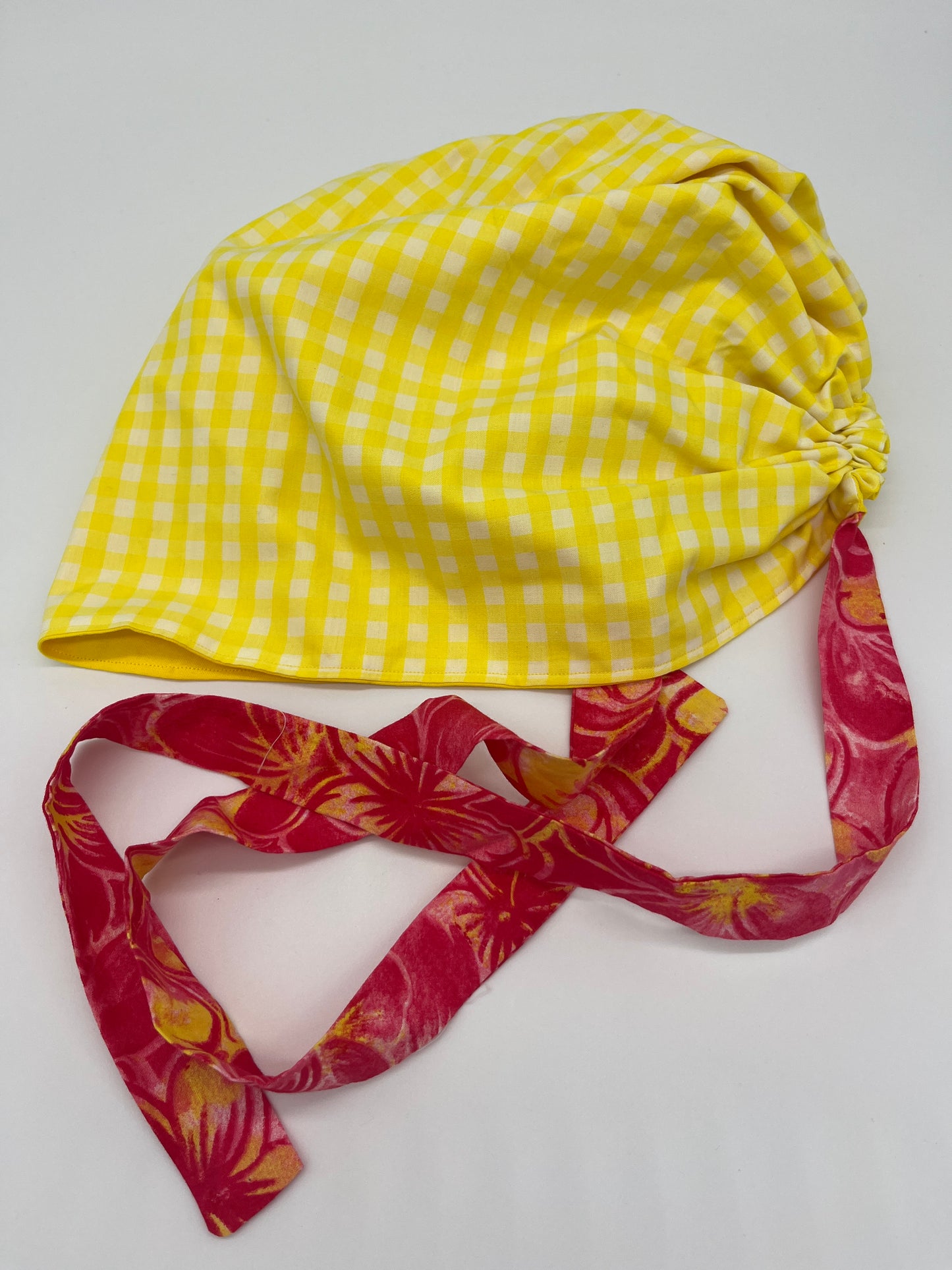 Cap (Yellow Gingham with Pink Floral Ties)