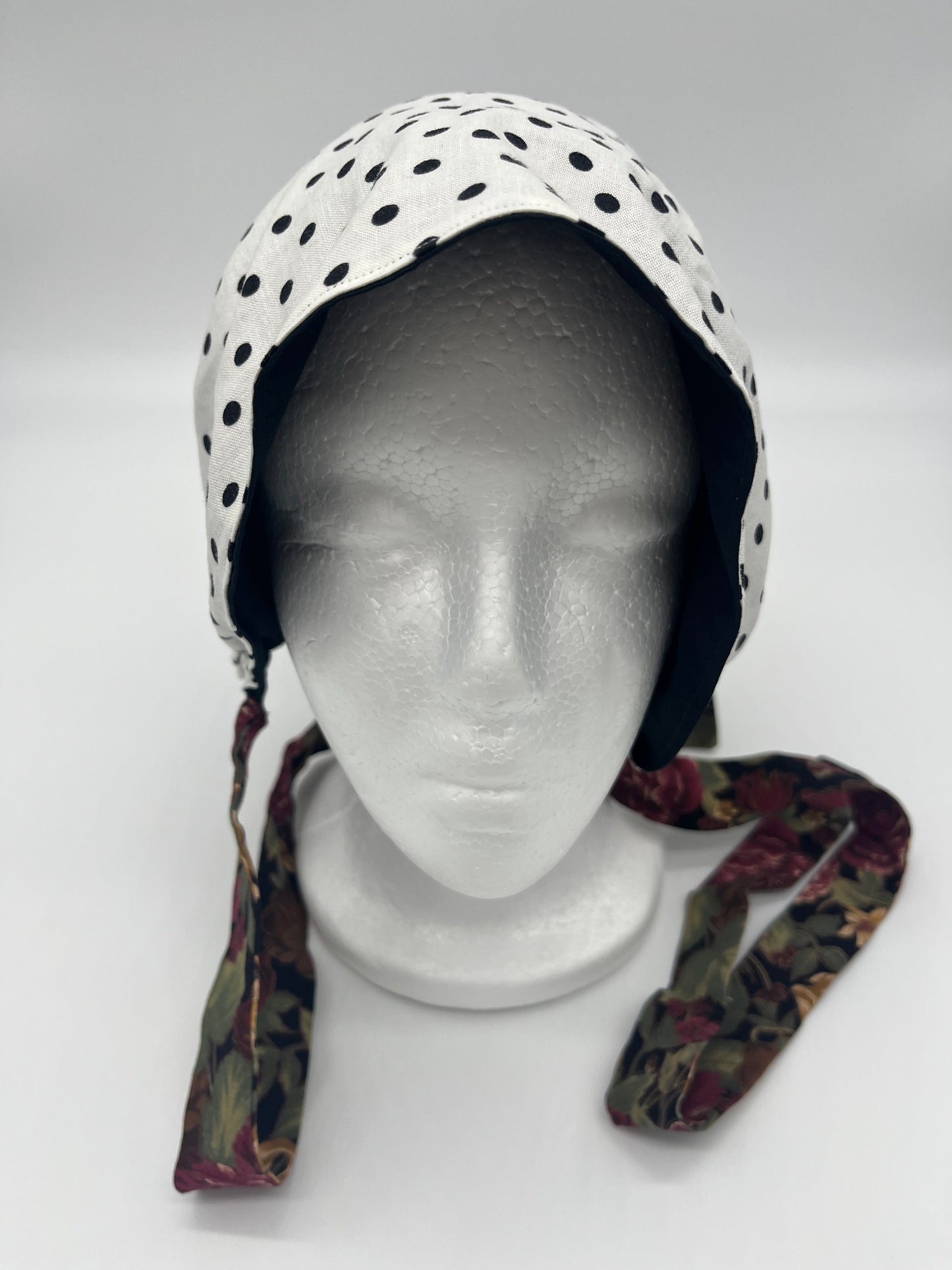 Cap (White and Black Polka Dots with Floral Ties)