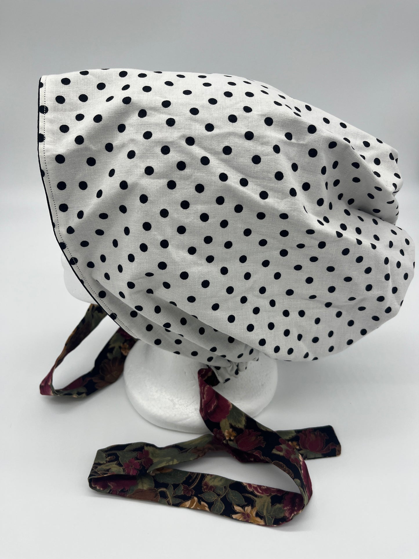Cap (White and Black Polka Dots with Floral Ties)