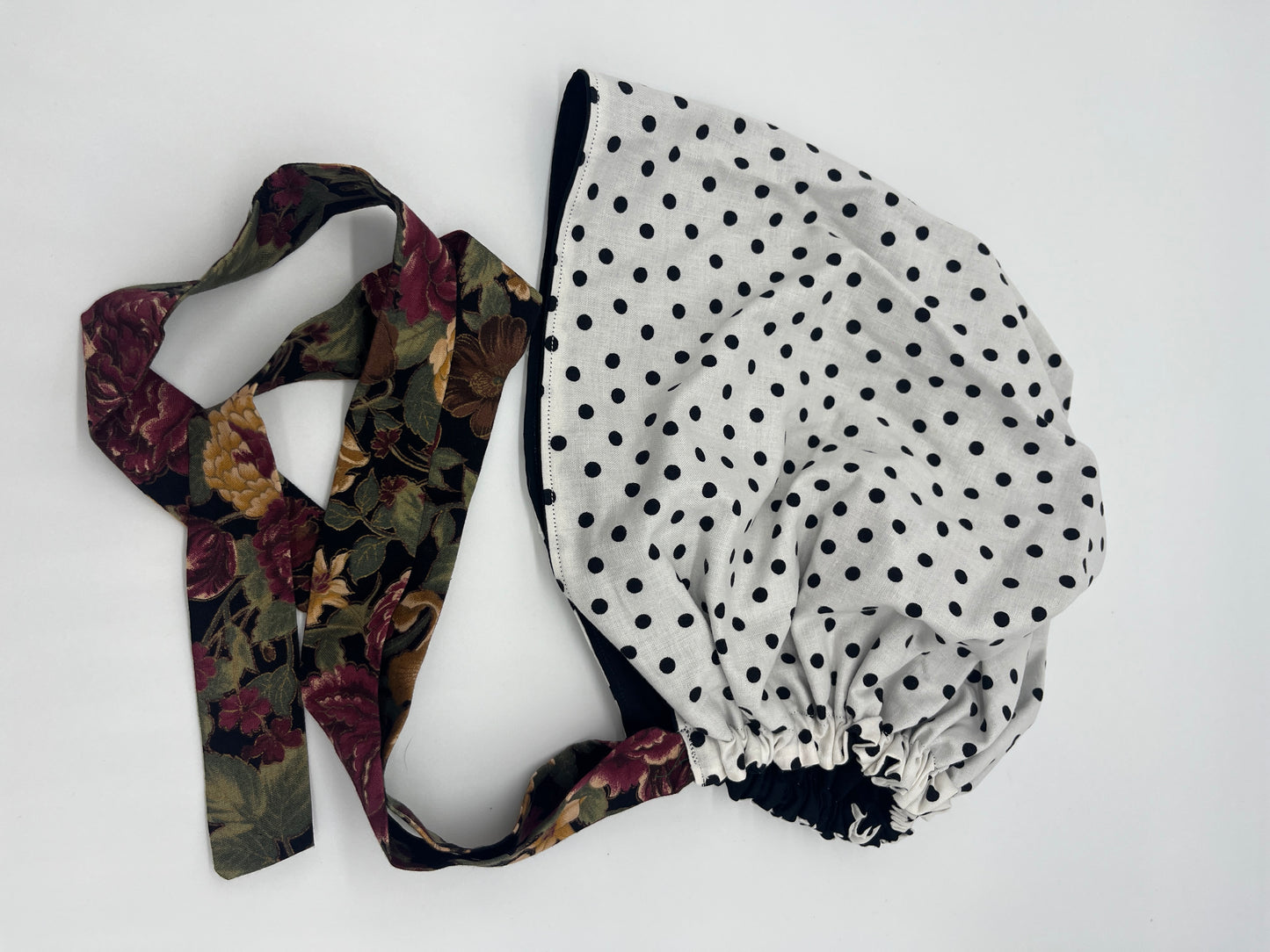 Cap (White and Black Polka Dots with Floral Ties)