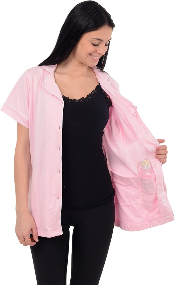 Mastectomy Recovery Shirt with Drain Pockets (Pink, Medium)