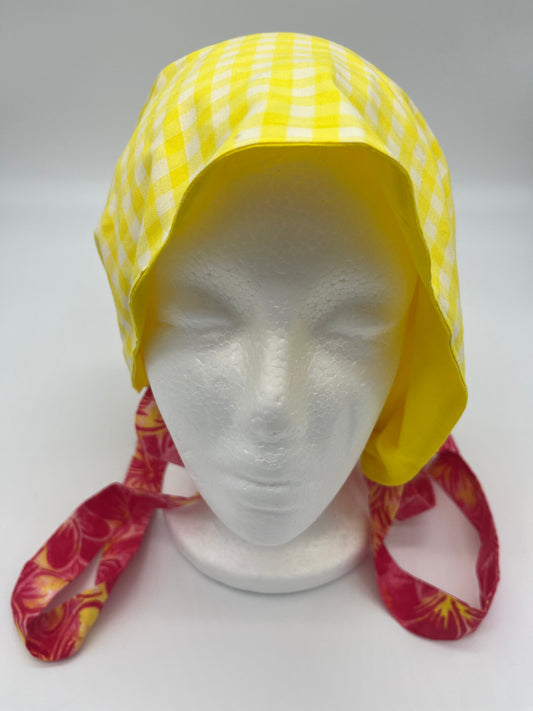 Cap (Yellow Gingham with Pink Floral Ties)
