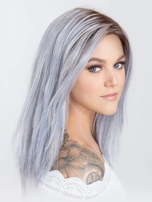 Wig (Light Blue with Brown Roots, Medium Length)