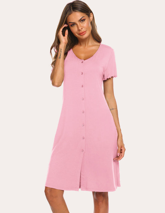 Button Down Sleep Dress (Pink, Small)